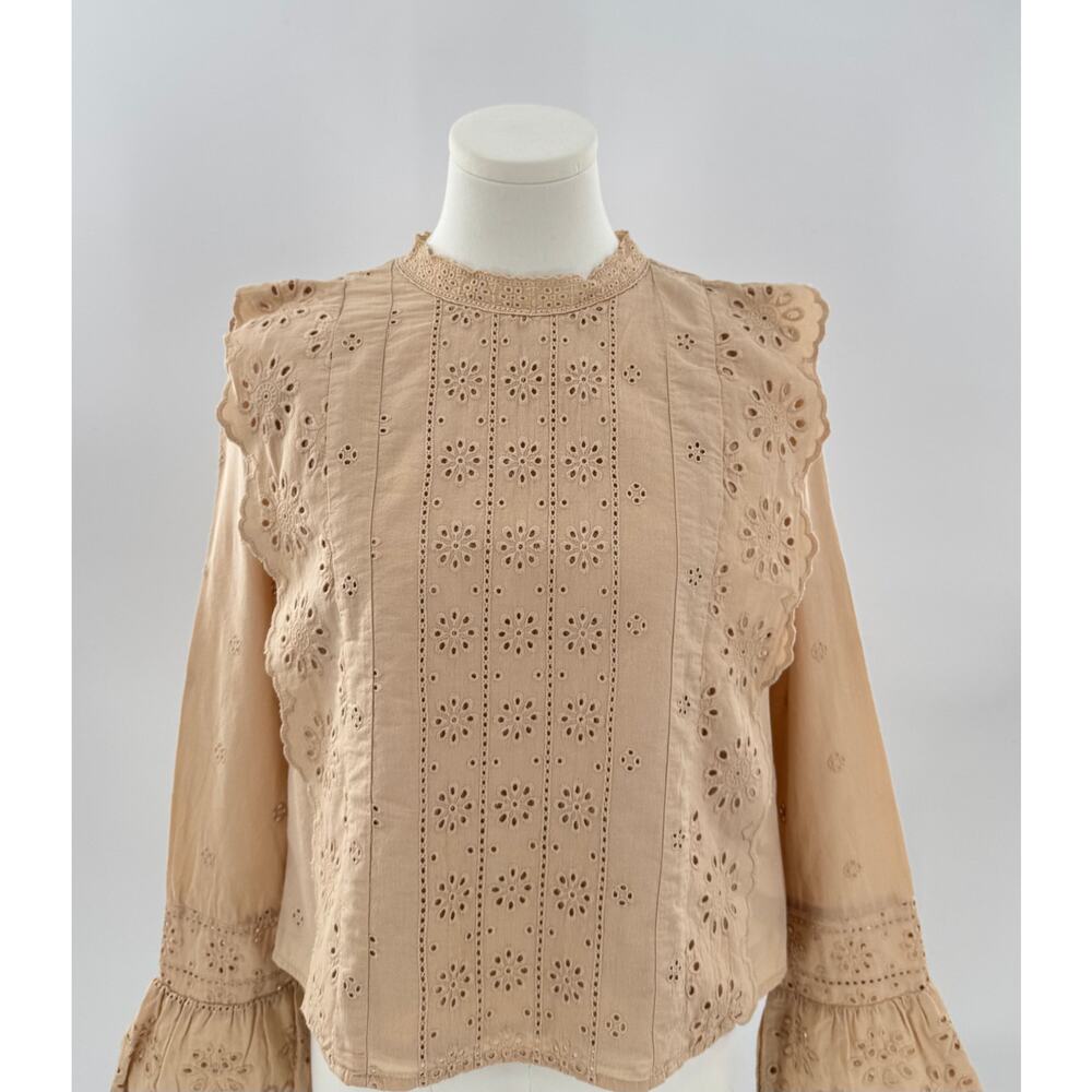 Hyacinth House for Tuckernut Tan Lace Shirt Eyelet Top Long Sleeve Blouse M